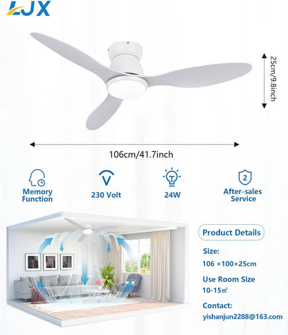 LJX Plafondventilator met intelligent licht, compatibel met Alexa, kroonluchter, ventilator, 106 cm, wit, ultrastil, DC, 6 snelheden, omkeerbaar, voor slaapkamer, woonkamer