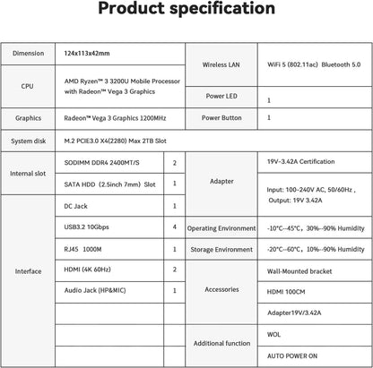 Mini PC – Mini Computer – Compact PC – Kleine Desktop – Ryzen 3 3200U Variant – 16GB RAM & 500GB NVMe SSD – Dual 4K HDMI Uitgang & WiFi 6