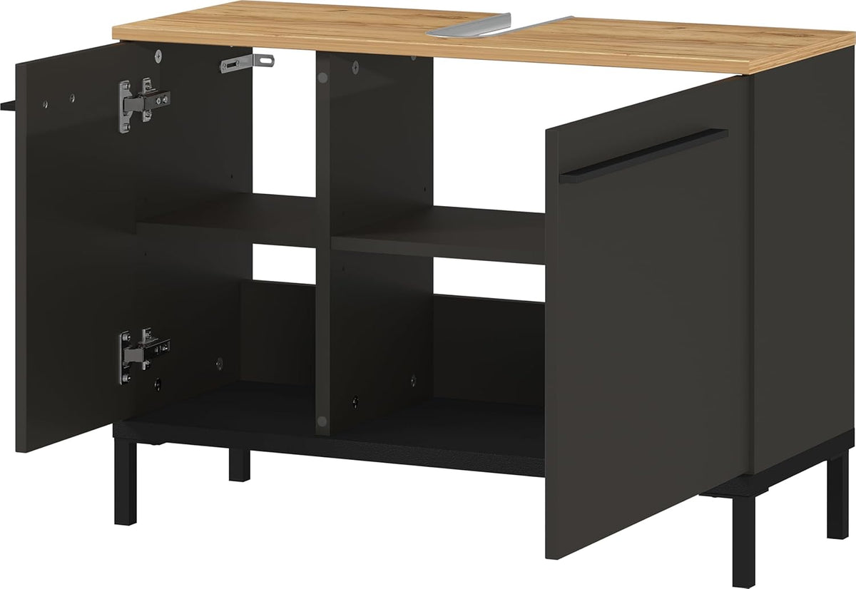 Germania WB Base Cabinet 2670-549 GW-Yonkers, in Graphite/Navarre Oak-Nb., with siphon recess, 80 x 59 x 34 cm (W x H x D) - QUORE