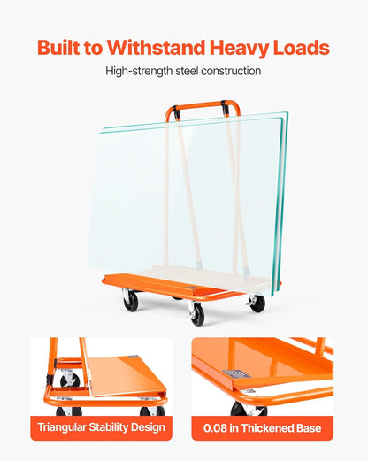 Wagen voor gipsplaten Oranje – Platenwagen – Gipsplatenwagen – Paneelwagen – Transportwagen – 816 kg Draagkracht – 15° Kantelbare Basis