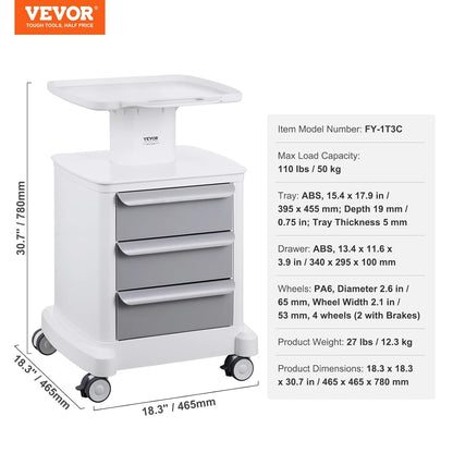 VEVOR Mobiele laboratoriumwagen met 4 niveaus, 3 laden, 1 bovenste plank, ABS-materiaal, 4 stille wielen, voor laboratorium, kliniek, ziekenhuis, woonkamer