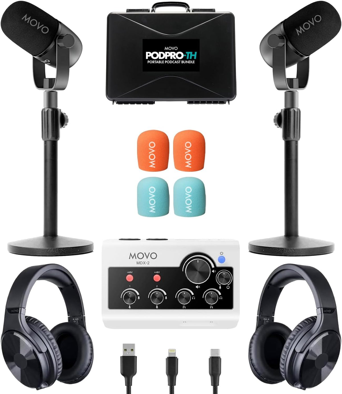 Movo Draagbare podcast-apparatuurbundel voor iPhone/Android-telefoons - Podcastkit met audio-interface, 2 CastMic dynamische microfoons, 2 koptelefoons, 2 bureaustandaards - voor smartphones,