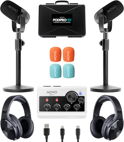 Movo Draagbare podcast-apparatuurbundel voor iPhone/Android-telefoons - Podcastkit met audio-interface, 2 CastMic dynamische microfoons, 2 koptelefoons, 2 bureaustandaards - voor smartphones,