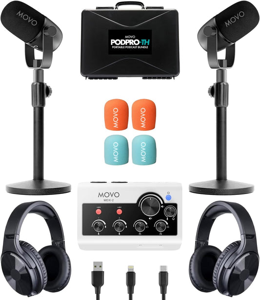 Movo Draagbare podcast-apparatuurbundel voor iPhone/Android-telefoons - Podcastkit met audio-interface, 2 CastMic dynamische microfoons, 2 koptelefoons, 2 bureaustandaards - voor smartphones,
