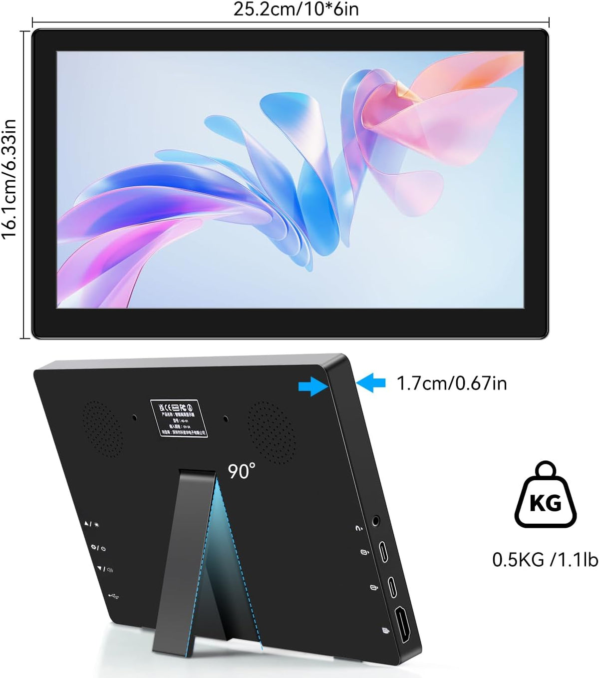 Portable Monitor, Touch Screen, 10.1 inch, IPS Screen, 1366 x 768P, 60Hz, 400 Brightness, 99% sRGB, HDMI, USB-C Monitor, Compatible with Xbox PS3/4/5, Laptop, Small Touchscreen, Portable Monitors - QUORE