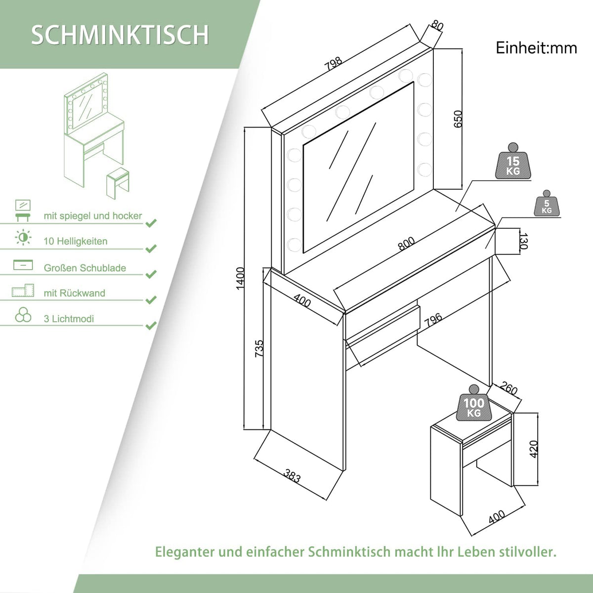 Make-uptafel – Kaptafel – Schminktisch – Make-up Spiegeltafel – Slaapkamermeubel – Verlichte Spiegel Met 12 Dimbare LED-Lampen – Ruime Lade Met Zachte Ladegeleiders
