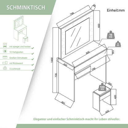Make-uptafel – Kaptafel – Schminktisch – Make-up Spiegeltafel – Slaapkamermeubel – Verlichte Spiegel Met 12 Dimbare LED-Lampen – Ruime Lade Met Zachte Ladegeleiders