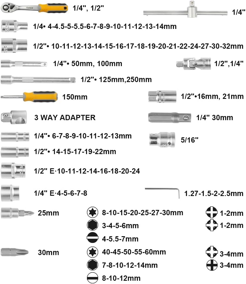Hoteche Steeksleutelset, 110-delig, 1/4 inch en 1/2 inch gereedschapskofferset, professionele gereedschapsset