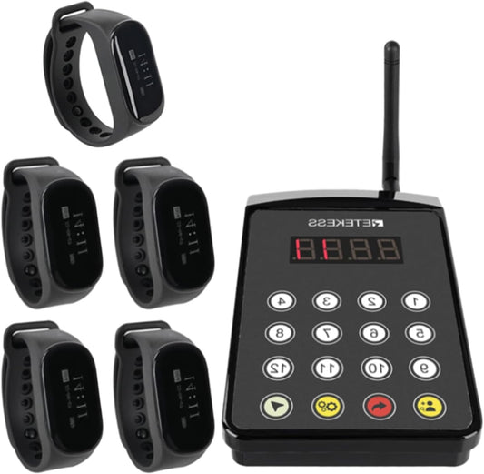 Draadloos Restaurantsysteem – Restaurant Pager – Keuken Oproepsysteem – Bedieningspager – Oproepsysteem Polshorloge – Touchscreen Transmitter Keyboard – 7 Talen Ondersteuning – IPX7 Waterbestendig - QUORE