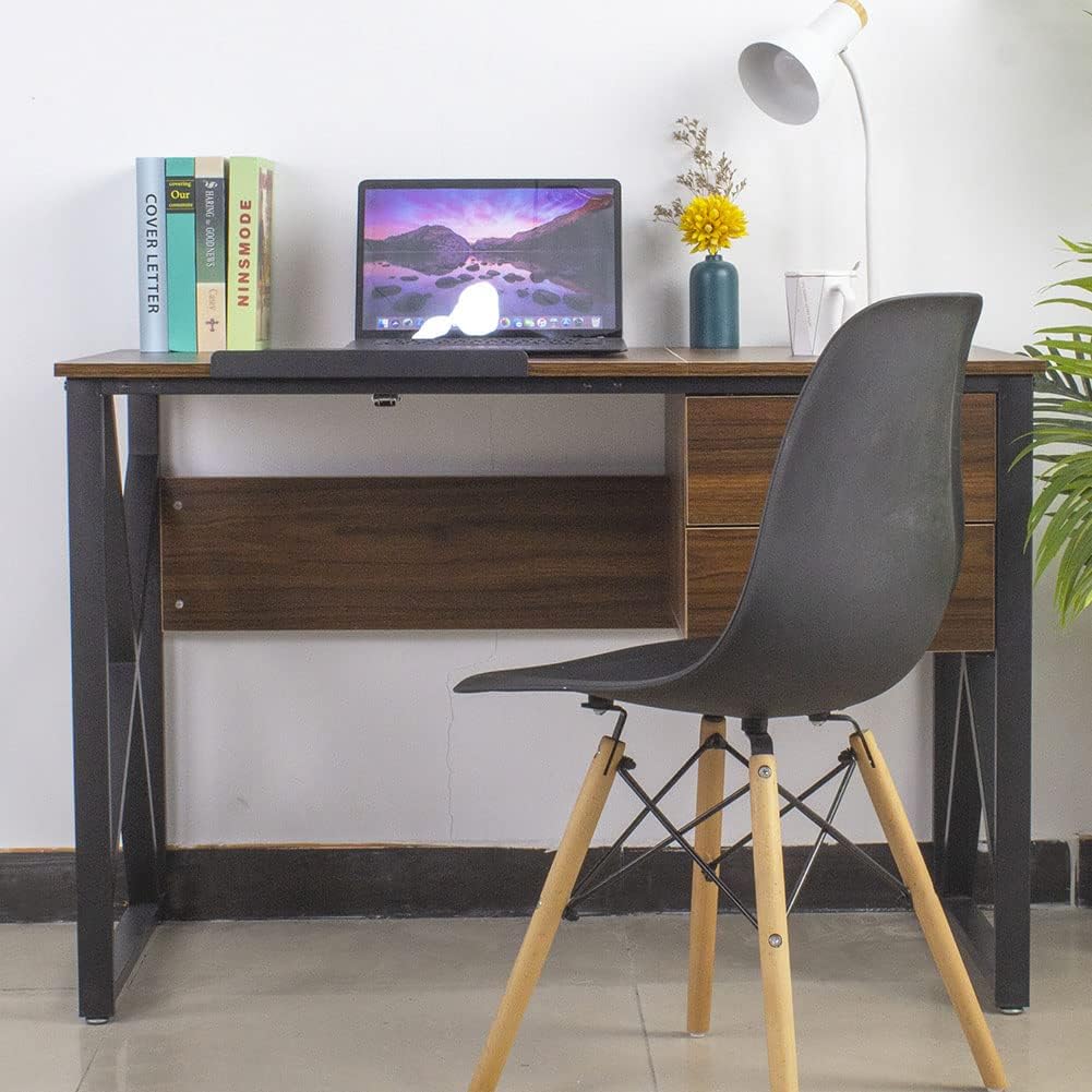 BAKAJI Bureau met laden, 2 laden en kantelbaar tafelblad, voor de werkplek, computer, frame van metaal en tafelblad van MDF-hout, interieur, thuis, kantoor, 110 x 75 x 55 cm (gietijzer)