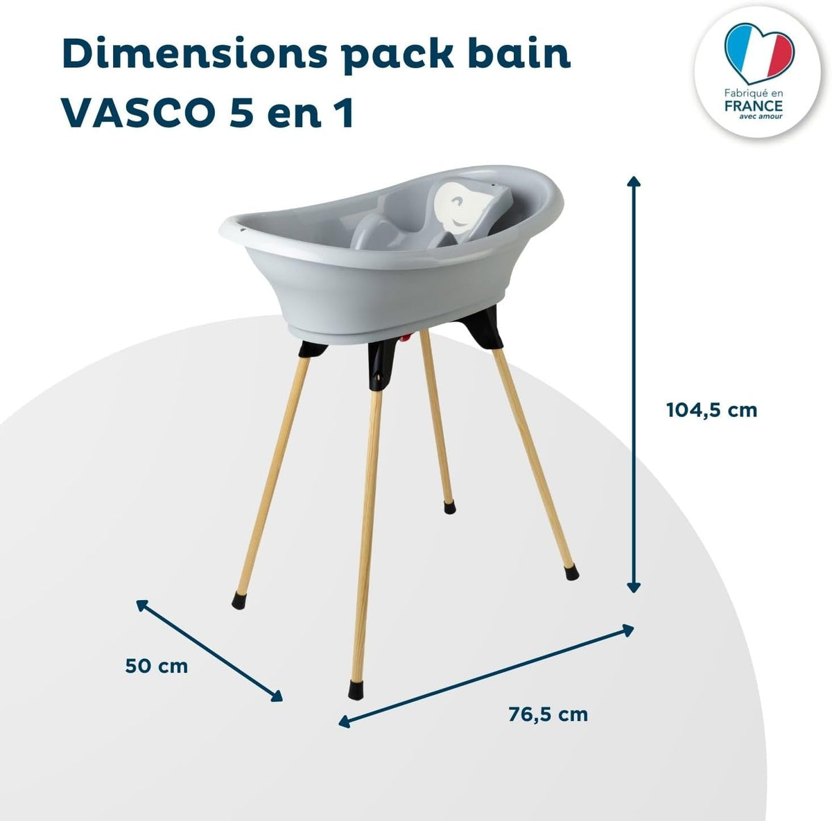 THERMOBABY - VASCO 5-in-1 babybad – badkuip, houten voet, afvoerslang, badstoel, thermometer – charmegrijs – opvouwbaar en stabiel – gemaakt in Frankrijk