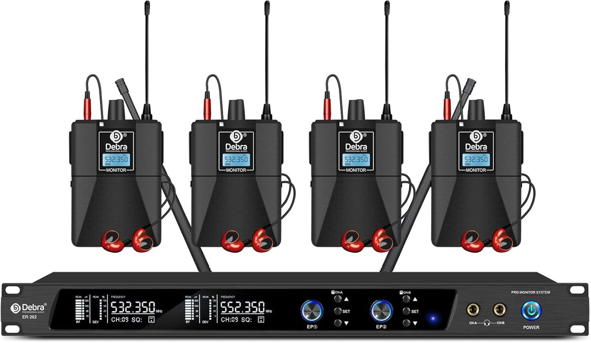Draadloos In-Ear Monitorsysteem – IEM Systeem – In-Ear Monitor – Podium Monitor – Monitoring Systeem (4 Bodypacks) – Dubbel Kanaal – UHF 510-580 MHz & Bereik Tot 300 Meter
