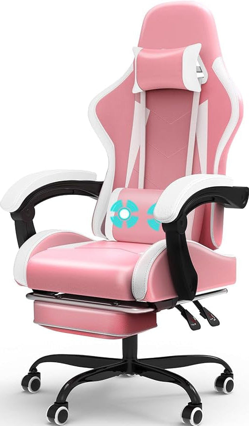 Massage Gaming Stoel – Bureaustoel – Gamerstoel – Computerstoel – Racing Stoel – Roze – Massagefunctie & Verstelbare Rugleuning 90°-135°