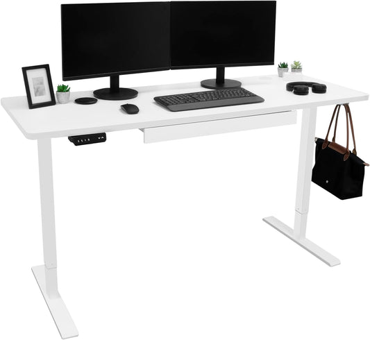 Electric Standing Desk 160 x 60cm White Height Adjustable Ergonomic Sit-to-Stand Computer Workstation Built-in Drawer USB A&C Charging Cable Pocket Hook Office Table Timer Smart Control Panel - QUORE