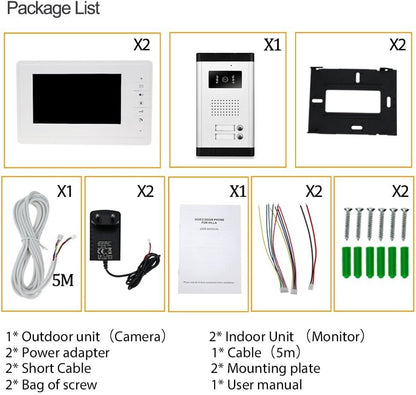 7 inch LCD kleur bedraad video intercomsysteem kit 700TVL IR COMS nachtzicht buitencamera deurbel voor multi-woningen / familie / thuis witte monitoren 100 meter (1 camera 2 monitors)
