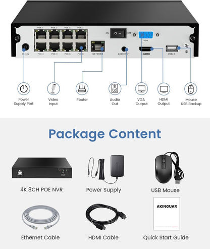 4K PoE NVR 8-kanaals CCTV-camerasysteem Network Video Recorder met 2TB-harde Schijf Ondersteunt 8MP 5MP 2MP IP-camera, Veiligheid 24/7 Opname, Werken met AKINGUAR PoE-camera's