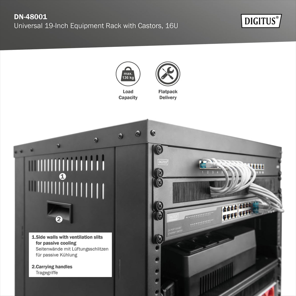 19-inch Apparatuurrek – Audiorek – Rackkast – Serverrack – Netwerkkast – 16U Zwart – Met Wielen – Draagvermogen 136 kg