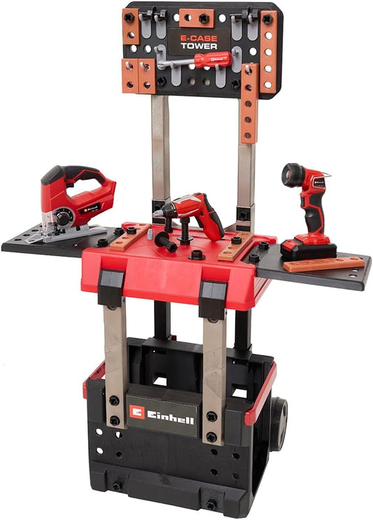 Einhell E-Case werkbank 110-dlg., incl. mini-schroevendraaier, decoupeerzaag, acculamp en veel accessoires, afmetingen ca. 70 x 33,5 x 95 (H) cm, de eerste transportbare en meegroeiende werkbank voor