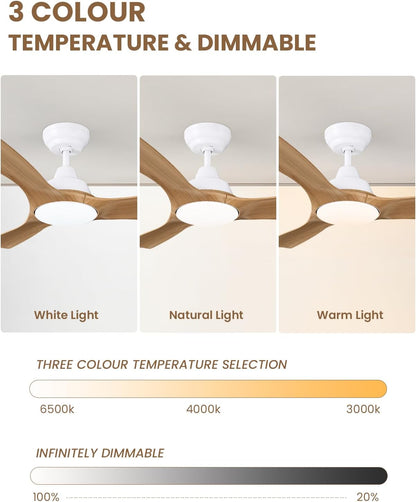 CJOY Plafondventilator met verlichting en afstandsbediening, plafondlamp, 106 cm, 3 bladen van ABS-hout, DC, omkeerbaar, stil, driekleurig, temperatuurled, dimbaar, 6 snelheden voor slaapkamer