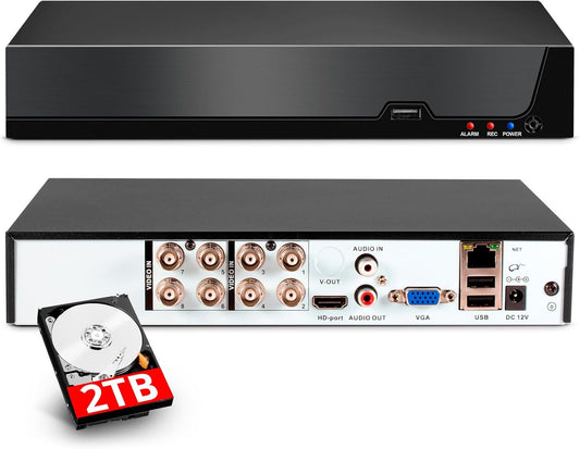 8-kanaals CCTV bewakingsDVR met 2 TB HDD, 8 Ch 5MP H.265+ DVR video-recorder voor analoge XVI AHD TVI IP-camera's, DVR voor beveiligingscamera-bewakingssysteem voor thuis, mobiele app en pc (systeem)