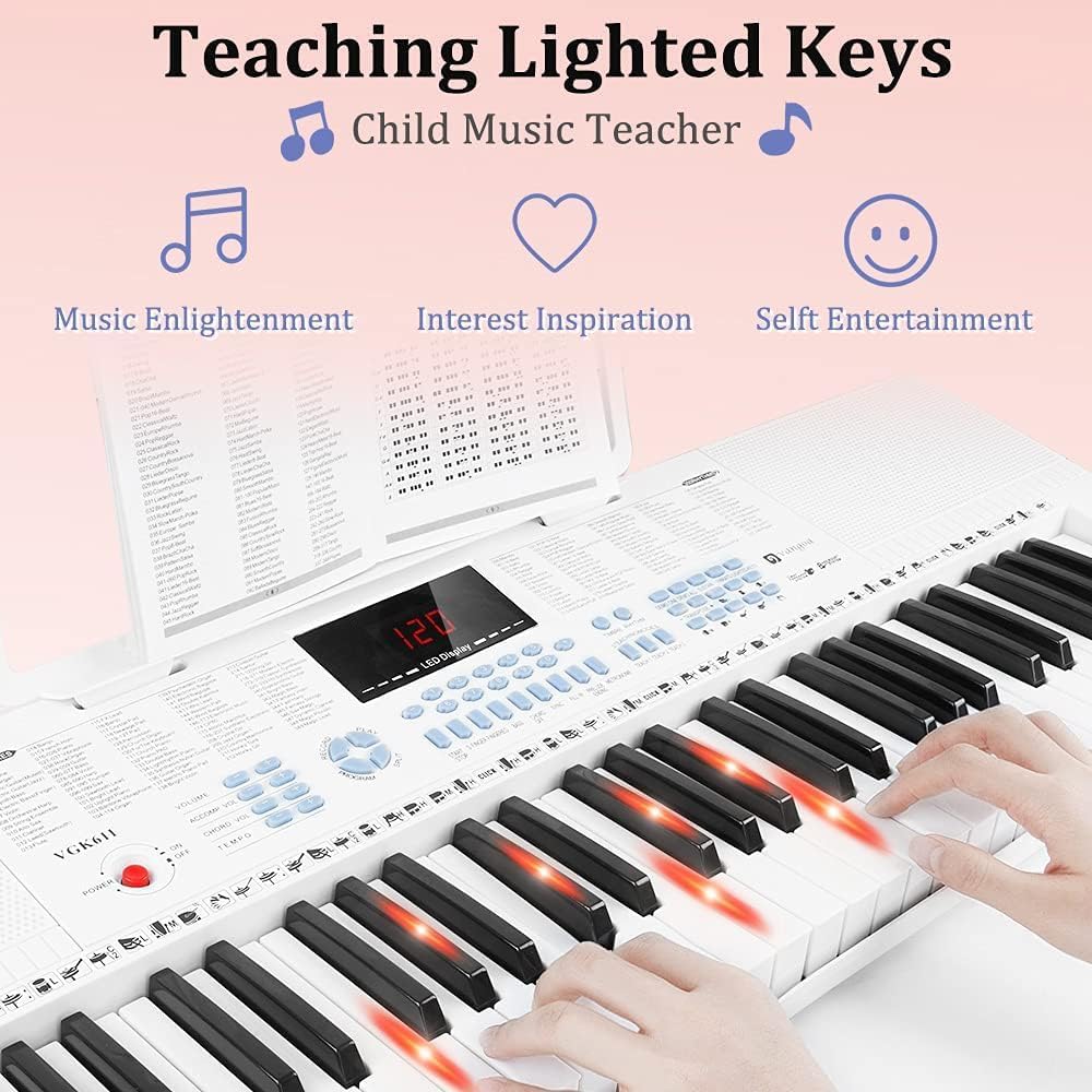 Elektronisch pianotoetsenbord – Keyboard – Elektrische piano – Digitale piano – Pianokeyboard – Wit – 61 Verlichte Toetsen – 350 Klankkleuren En 350 Ritmes