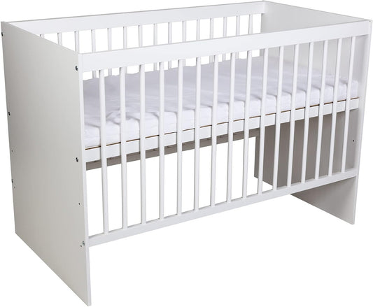 Cot Tany White 120 x 60 cm - Cot with slatted frame 3 levels adjustable in height - Lacquered pine wood - QUORE