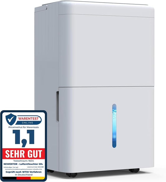 Newentor 20 l luchtontvochtiger, elektrische kelder, 39 dB, ontvochtiger, elektrische kelder met afvoerslang 1,5 m, kamerontvochtiger, elektrisch 50 m2/150 m3, 10 J. gaar., filter, timer