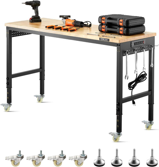 VEVOR 60 Inch Adjustable Workbench, 900 kg Load, Workbench with Socket, Wheels and Pegboard, Heavy Duty Oak Work Table for Garage, Workshop, Office and Home
