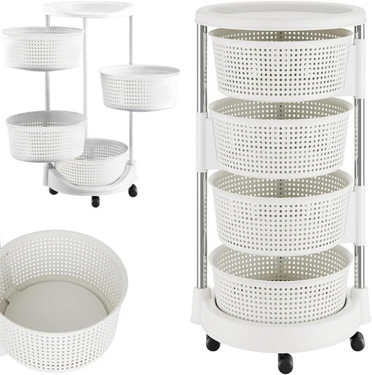 BAKAJI Keukenwagen met opklapbare manden, ruimtebesparend met 4 draaibare wielen, frame van staal en manden van kunststof, ideaal voor keuken, badkamer (4 niveaus)