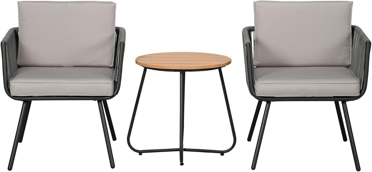 Outsunny Tuinmeubelset van polyrotan, 3-delig, stalen frame, 2 stoelen + 1 salontafel, kussens, grijs