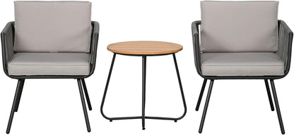 Outsunny Tuinmeubelset van polyrotan, 3-delig, stalen frame, 2 stoelen + 1 salontafel, kussens, grijs