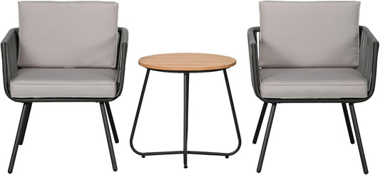 Outsunny Tuinmeubelset van polyrotan, 3-delig, stalen frame, 2 stoelen + 1 salontafel, kussens, grijs