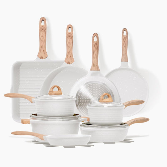 Pannenset – Kookset – Koekenpannen – Grillpan – Pannenkoekenpan – 23-delig – 5-laags Granieten Antiaanbaklaag – Geschikt Voor Alle Kookplaten – Beige - QUORE