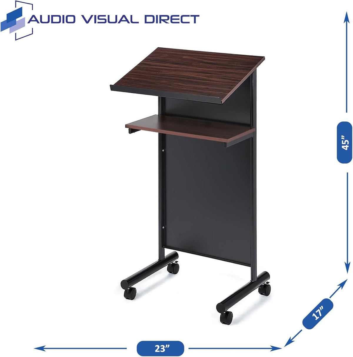 Audio-Visual Direct Lessenaar Podium op wielen - sta-bureau met opbergplank - kers/zwart - ideaal voor presentaties en laptopgebruik