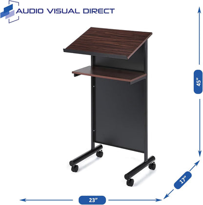 Audio-Visual Direct Lessenaar Podium op wielen - sta-bureau met opbergplank - kers/zwart - ideaal voor presentaties en laptopgebruik