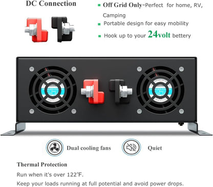3000Watt Pure Sine Wave Power Inverter 24VDC to 120VAC 6000W Peak Built-in Soft Starter Dual AC Outlets 2× 2.4A USB Port &Hardwire Terminal Off-Grid Solar Converter RV Trucks (U5-300024)