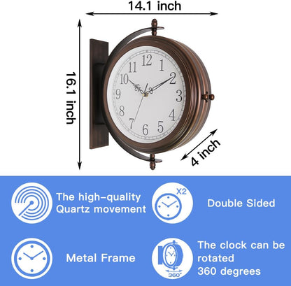 BESTIME 66264A 16-Inch Double Sided Metal Wall Clock with Antique Red Copper.Sturdy Frame,Easy Read,Garden,Home Décor,Indoor,Outdoor,Farmhouse,Yard,Station,Office,Photography Props.