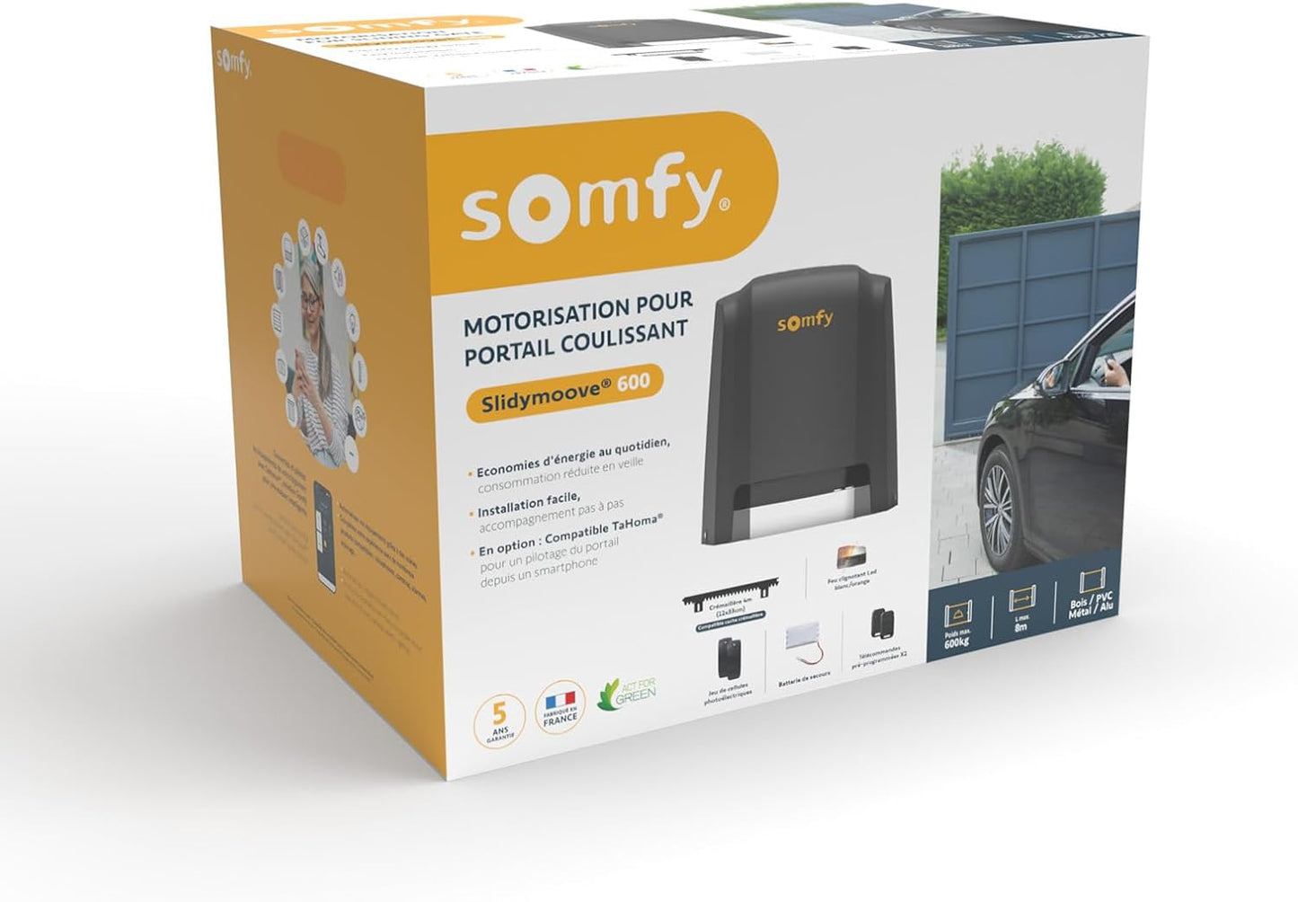 Somfy 1246285 Slidymoove 600 schuifpoortmotorisatie, met 2 Keypop-afstandsbedieningen, 4 meter tandheugel, 1 reservebatterij, 1 knipperlicht, fotocellen, gemaakt in Frankrijk