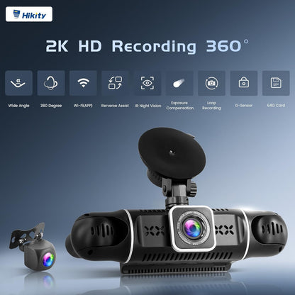 Hikity 4-kanaals dashcam, wifi dashcam 2K voor en 1080p achter binnen links rechts met 3 inch scherm, autocamera met 64 GB kaart wifi, G-sensor, loop-opname, nachtzicht, parkeerbewaking, 360°