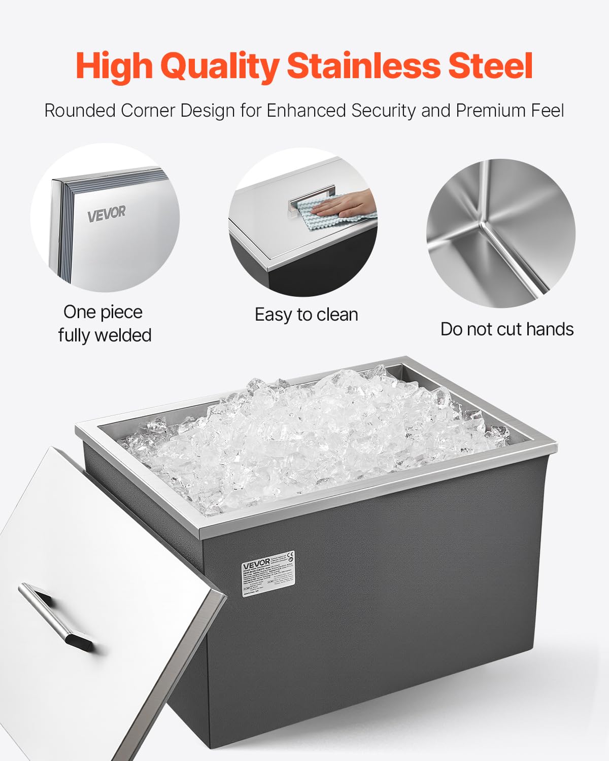 VEVOR Drop in Ice Chest, 508 x 355 x 306mm (508 x 355 x 306mm) Stainless Steel Drop in Cooler, 30L Commercial Ice Bucket with Jar Lid for Outdoor, Drain Pipe Set Included, for Cold Wine Beer