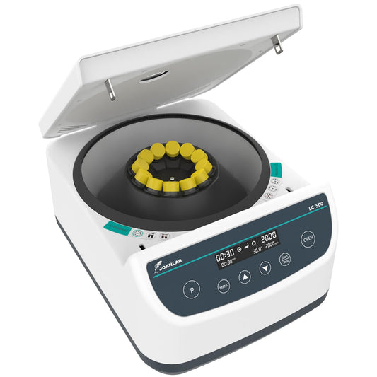 JOANLAB Laboratoriumcentrifuge, 500-4000 omw/min, max. 2075 xg, 9 programmageheugen, timer, voor 2/5/10/15 ml buisjes (12-voudige hoekrotor)