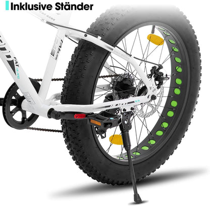 Hiland 20 inch kindermountainbike, 7 versnellingen, Fat Tires mountainbike, dubbele schijfremmen, kinderfiets voor jongens en meisjes, wit