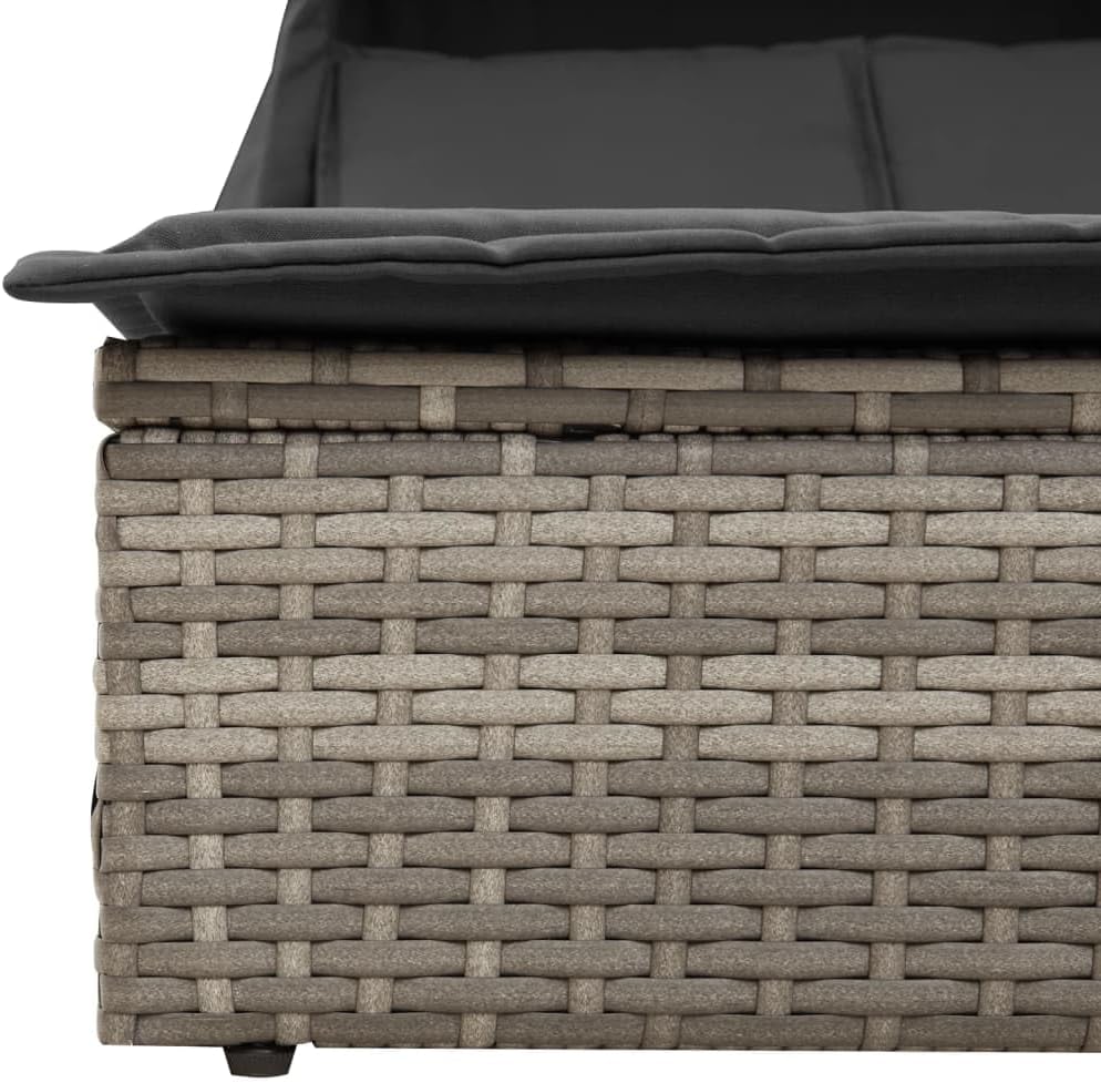 Double Sun Lounger with Retractable Canopy and Grey Polyrattan Outdoor Cushions Adjustable Backrest, Weatherproof and UV Resistant Material - QUORE