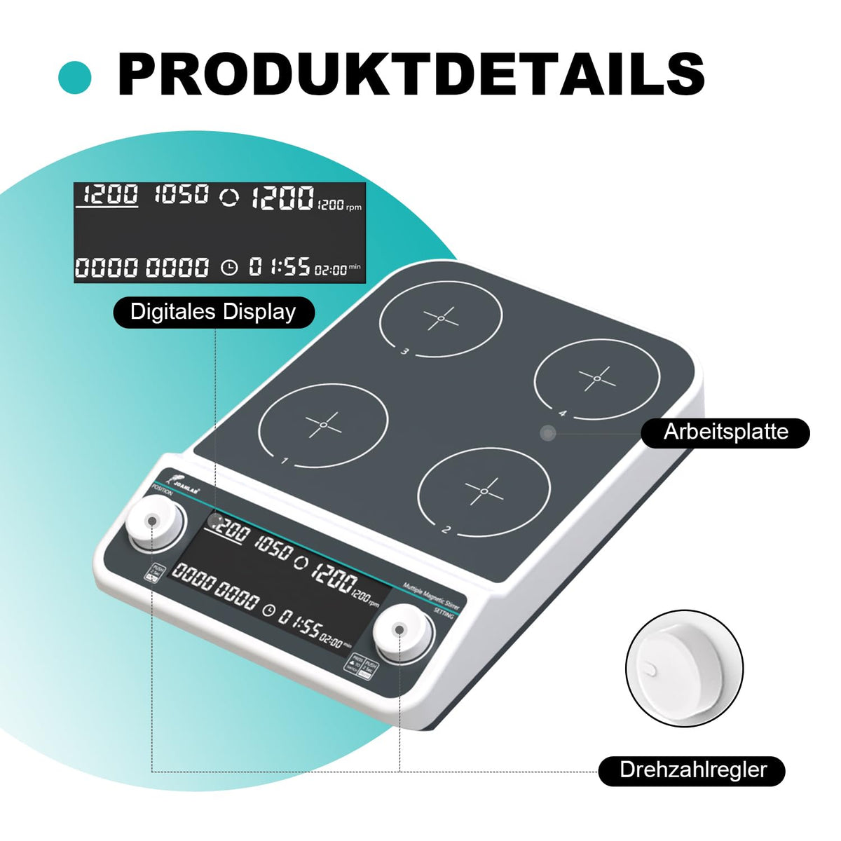 JOANLAB Magneetroerder, digitaal, 4-voudig, met sync/Async-functie, 50-1500 omw/min, timer, 4 x 500 ml, voor laboratorium (MMS-4PRO)