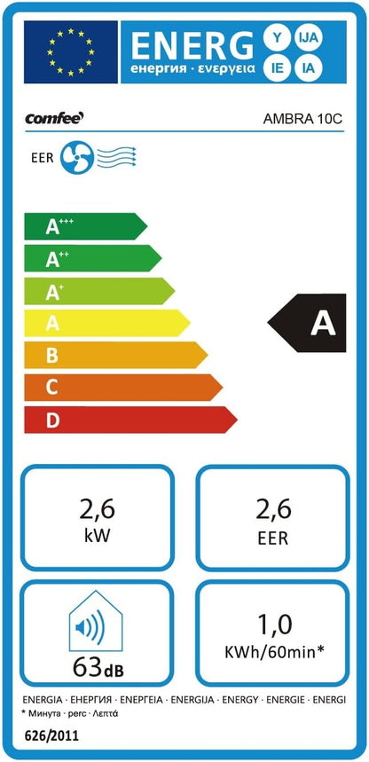 COMFEE' AMBRA Mobiele airconditioner 9000 BTU/H, 10C, 2,6 kW, 25 ㎡/68 m³, 3-in-1, draagbaar, ventilator, koeling, ontvochtiging, 24-uurs timer, slaapmodus, volgfunctie