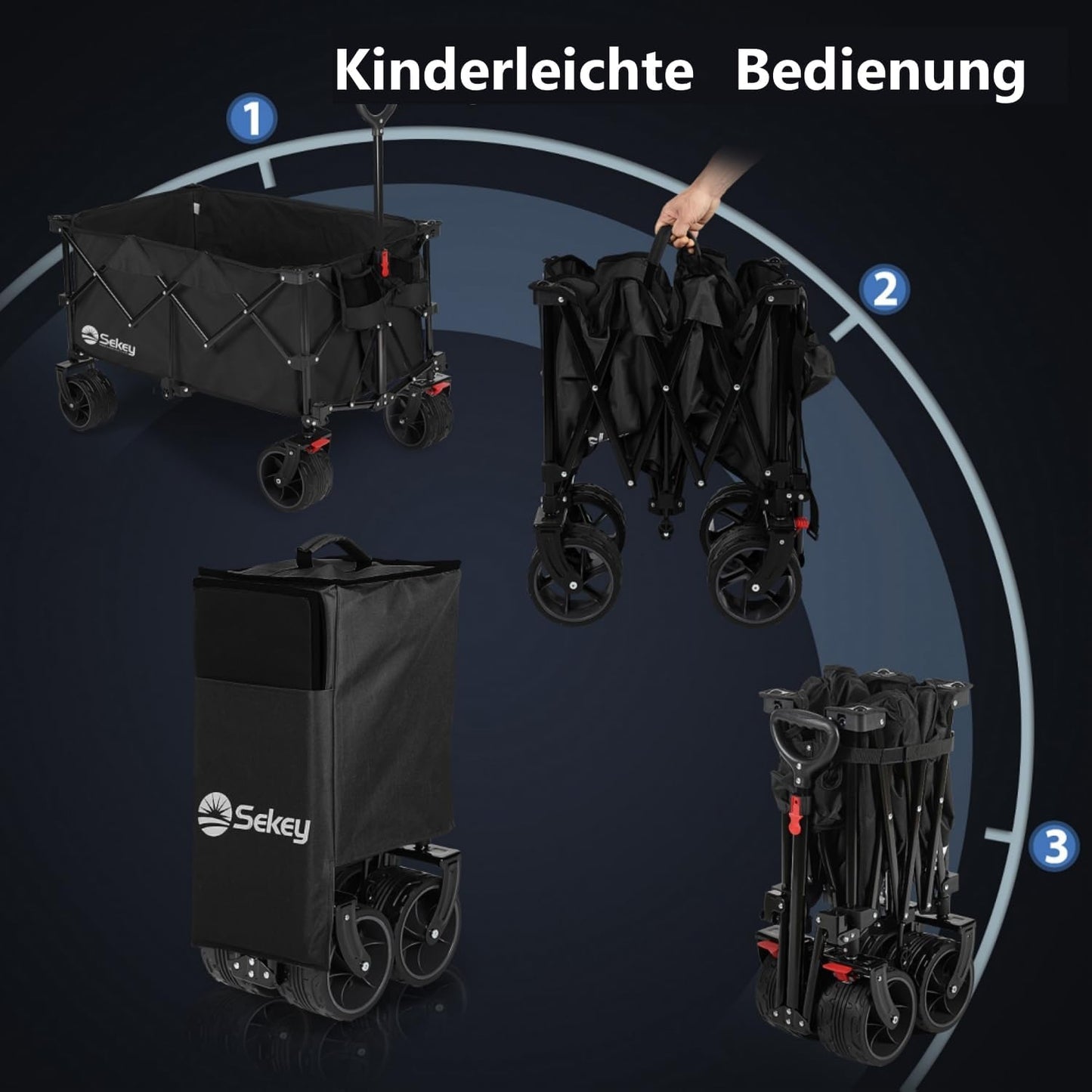 Sekey XXL Plus Opvouwbare Bolderwagen met remmen 200L 150KG draagvermogen, 17x10 cm extra brede banden voor alle terreinen, Gepatenteerd opvouwbaar in VIER richtingen, XXL-PlusB 4011, Zwart