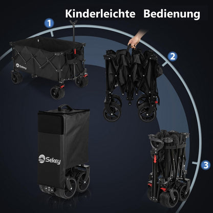 Sekey XXL Plus Opvouwbare Bolderwagen met remmen 200L 150KG draagvermogen, 17x10 cm extra brede banden voor alle terreinen, Gepatenteerd opvouwbaar in VIER richtingen, XXL-PlusB 4011, Zwart