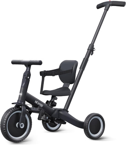 newyoo Tricycle 5 en 1, draisienne à partir de 1 an, avec barre de poussée, pour enfants à partir de 1, 2, 3 ans, avec pédales amovibles et siège réglable, Zwart