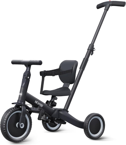newyoo Tricycle 5 en 1, draisienne à partir de 1 an, avec barre de poussée, pour enfants à partir de 1, 2, 3 ans, avec pédales amovibles et siège réglable, Zwart