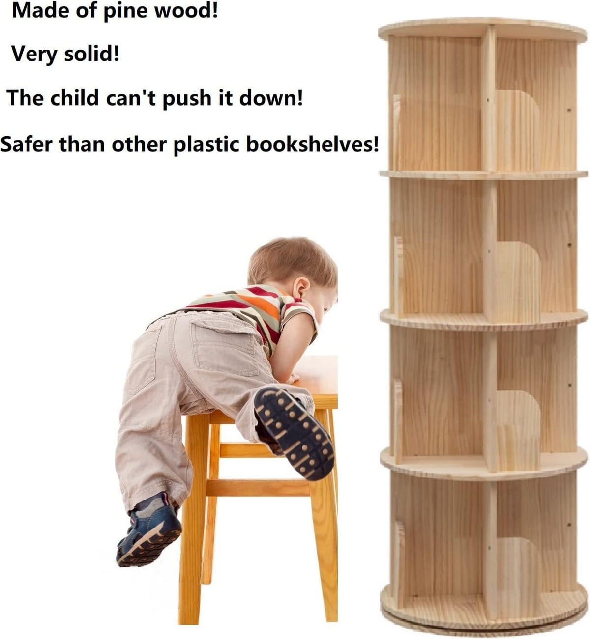 Heehee Roterende Boekenplank 360 Display 4 Tier Vloerstaande Boekenkast Opbergrek voor Kinderen & Volwassenen Massief Houten Boekenplank Organizer